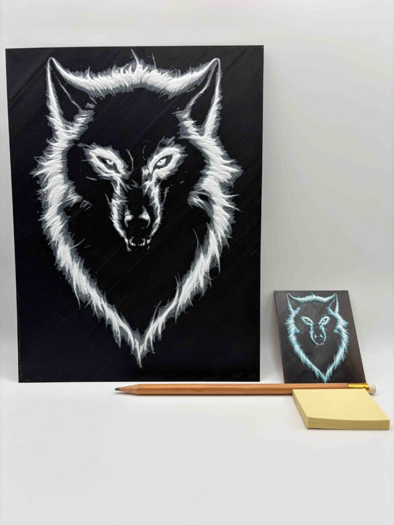 2D Wandbild von einem Wolf, PLA und PETG