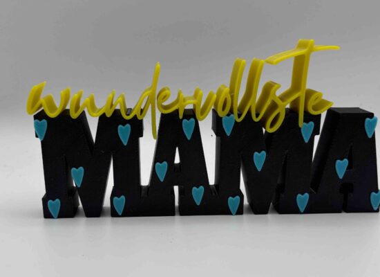 Schriftzug Wundervollste Mama in schwarz gelb mit blauen Herzen