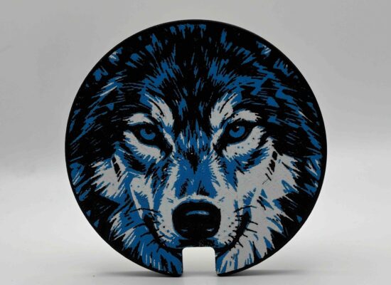 Tassendeckel mit Aussparung für einen Löffel, Motiv Wolf, FDM 3farbig